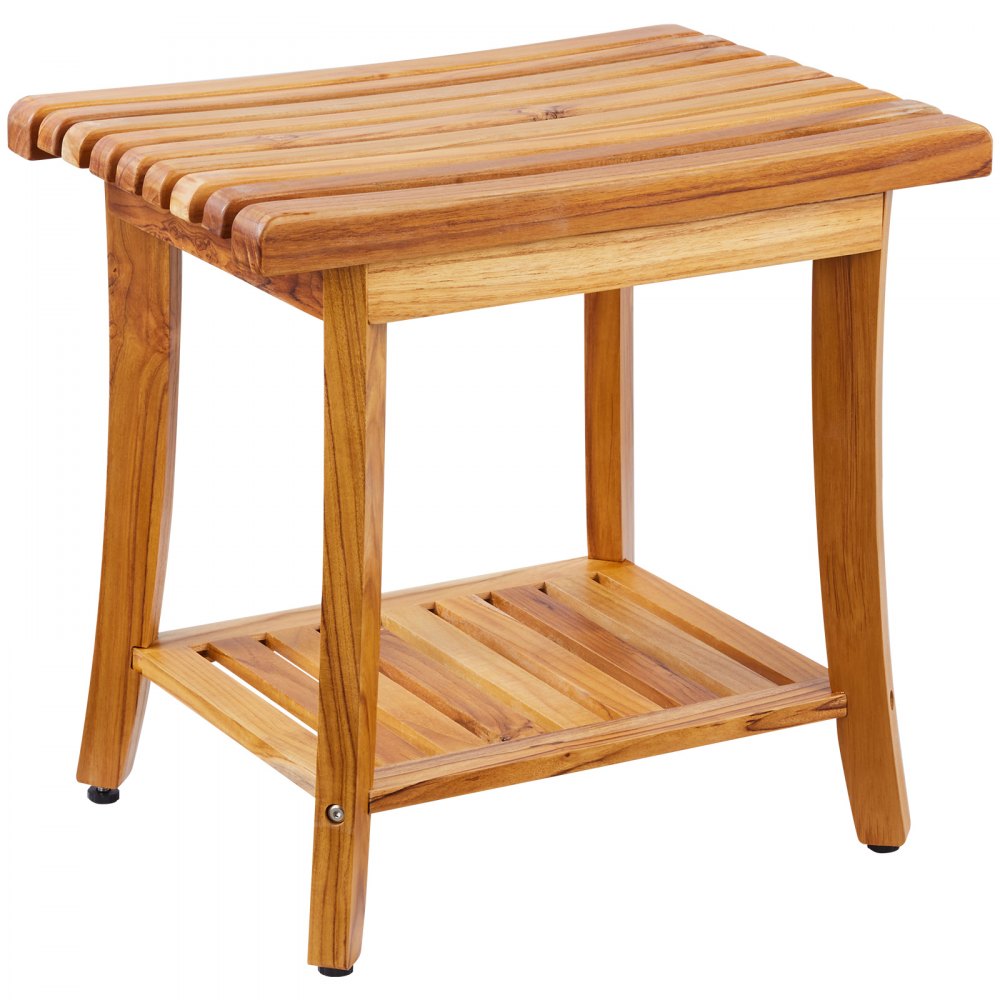 VEVOR Teak Shower Bench, 20 x 14.3 x 17.9 in, Waterproof Wood Shower Stool with Storage Shelf Non-Slip Foot Pads, 400 lbs Maximum Load Capacity Shower Chair Seat, for Bathroom Indoor and Outdoor Use