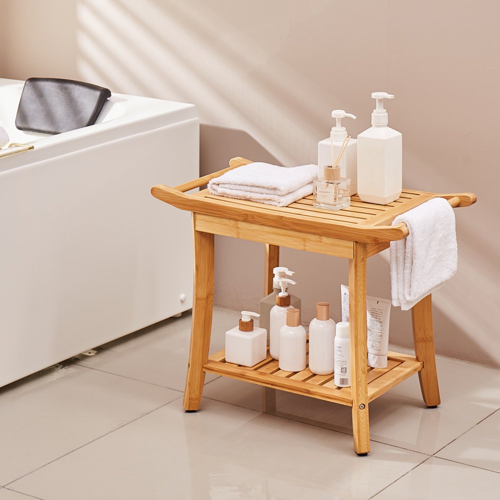 VEVOR Bamboo Shower Bench, 24 x 13.8 x 18.9 in, Waterproof Shower Stool Chair with Storage Shelf Handle, 300 lbs Load Capacity Spa Bath Seat Organizer, for Adults Seniors Women Elderly Indoor Outdoor