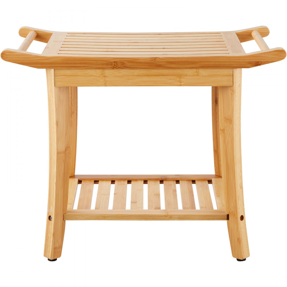 VEVOR Bamboo Shower Bench, 24 x 13.8 x 18.9 in, Waterproof Shower Stool Chair with Storage Shelf Handle, 300 lbs Load Capacity Spa Bath Seat Organizer, for Adults Seniors Women Elderly Indoor Outdoor