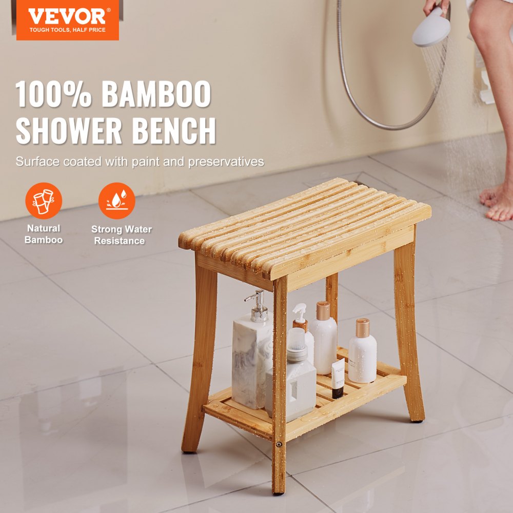 VEVOR Bamboo Shower Bench, 19.1 x 11.3 x 18.3 in, Waterproof Shower Stool Chair with Storage Shelf, 330lbs Load Capacity Spa Bath Seat Organizer, for Adults Seniors Women Elderly Indoor Outdoor