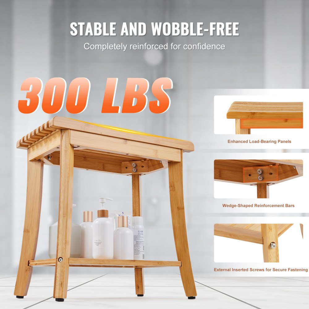 VEVOR Bamboo Shower Bench, 19.1 x 11.3 x 18.3 in, Waterproof Shower Stool Chair with Storage Shelf, 330lbs Load Capacity Spa Bath Seat Organizer, for Adults Seniors Women Elderly Indoor Outdoor