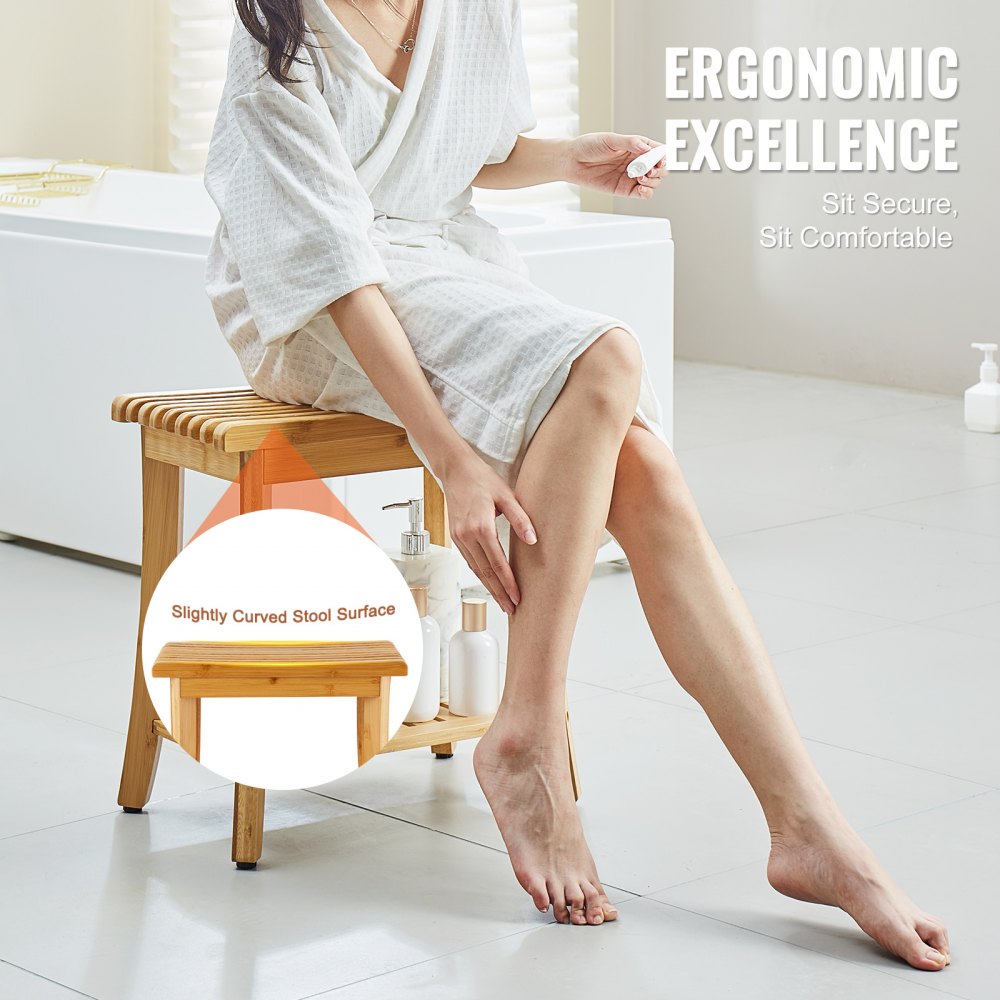 VEVOR Bamboo Shower Bench, 19.1 x 11.3 x 18.3 in, Waterproof Shower Stool Chair with Storage Shelf, 330lbs Load Capacity Spa Bath Seat Organizer, for Adults Seniors Women Elderly Indoor Outdoor