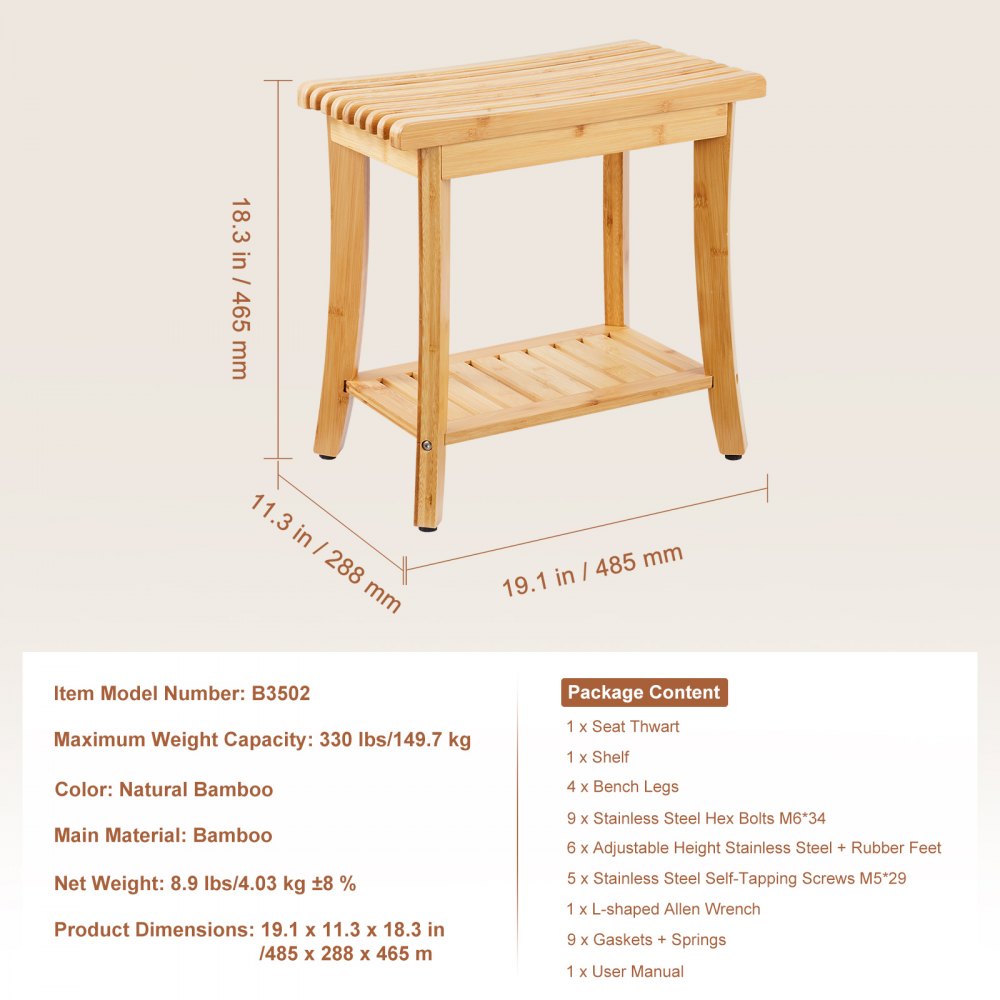 VEVOR Bamboo Shower Bench, 19.1 x 11.3 x 18.3 in, Waterproof Shower Stool Chair with Storage Shelf, 330lbs Load Capacity Spa Bath Seat Organizer, for Adults Seniors Women Elderly Indoor Outdoor