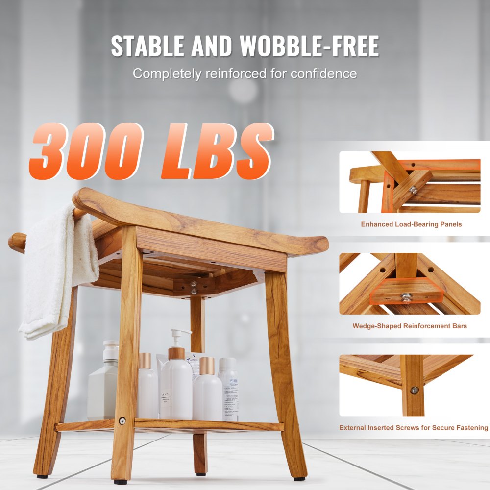 VEVOR Teak Shower Bench, 22 x 14.4 x 18.5 in, Waterproof Wood Shower Stool with Storage Shelf Handle Non-Slip Feet, 300 lbs Maximum Load Capacity Shower Chair Seat, for Bathroom Indoor and Outdoor Use