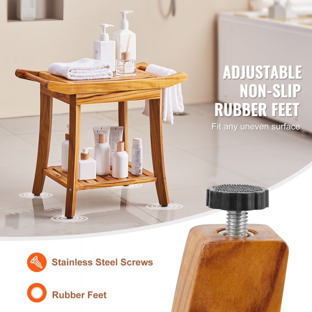 VEVOR Teak Shower Bench, 22 x 14.4 x 18.5 in, Waterproof Wood Shower Stool with Storage Shelf Handle Non-Slip Feet, 300 lbs Maximum Load Capacity Shower Chair Seat, for Bathroom Indoor and Outdoor Use