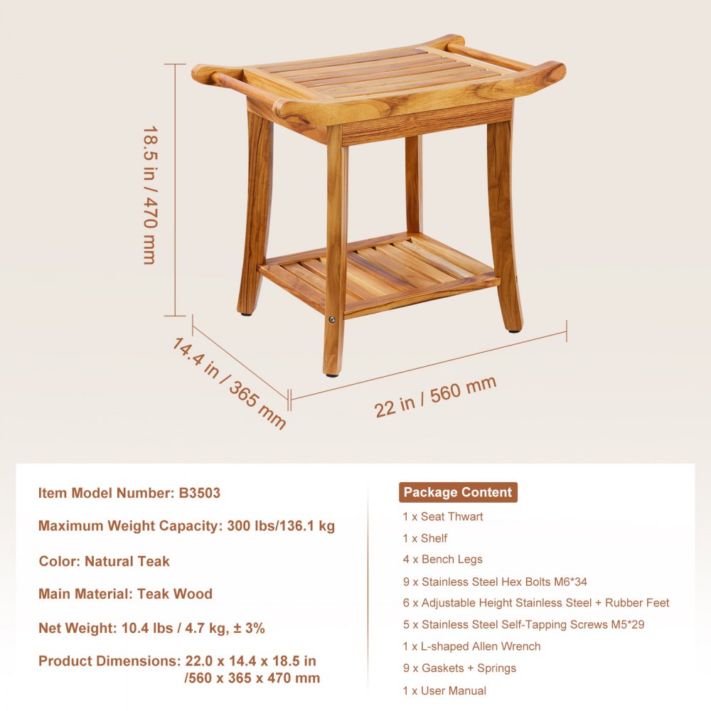 VEVOR Teak Shower Bench, 22 x 14.4 x 18.5 in, Waterproof Wood Shower Stool with Storage Shelf Handle Non-Slip Feet, 300 lbs Maximum Load Capacity Shower Chair Seat, for Bathroom Indoor and Outdoor Use