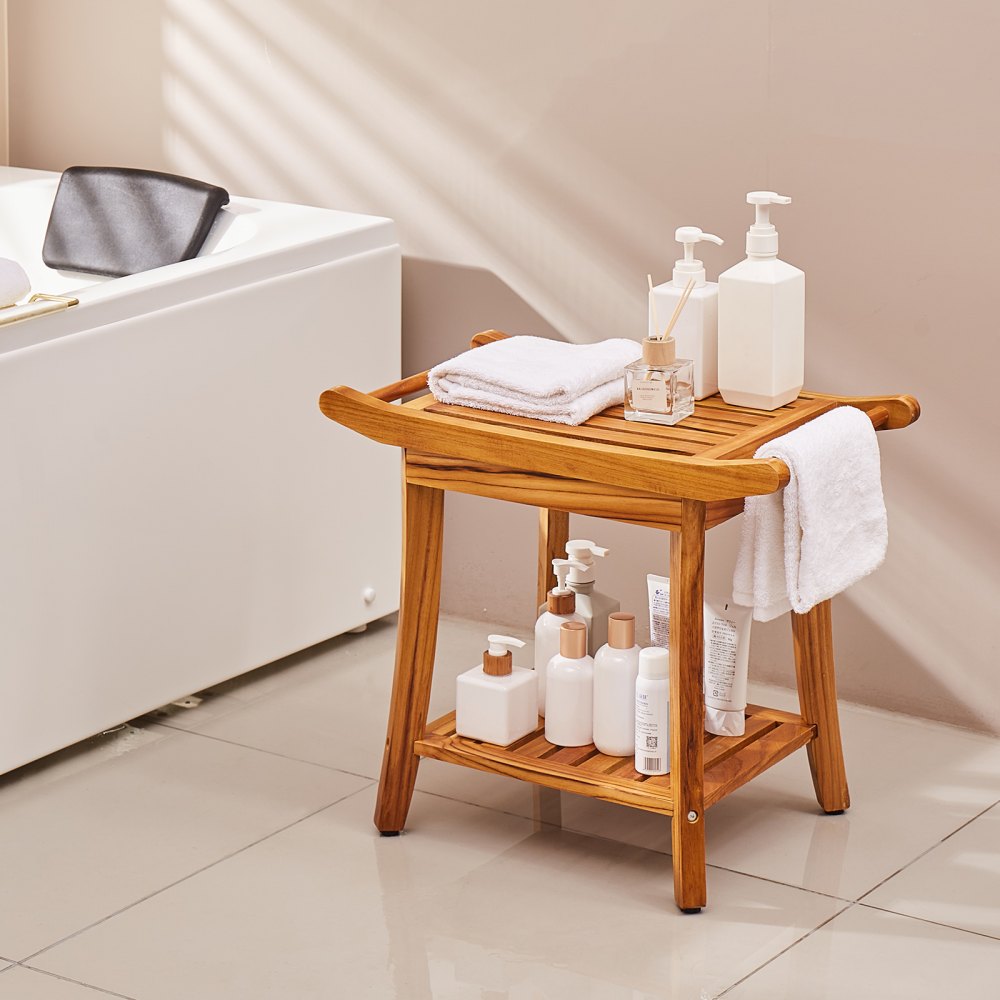 VEVOR Teak Shower Bench, 22 x 14.4 x 18.5 in, Waterproof Wood Shower Stool with Storage Shelf Handle Non-Slip Feet, 300 lbs Maximum Load Capacity Shower Chair Seat, for Bathroom Indoor and Outdoor Use