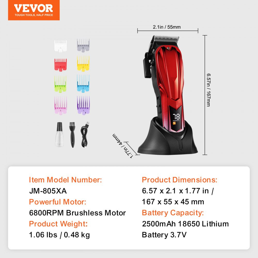 VEVOR Professional Hair Clipper for Men, Cordless Barber Clipper with 6800RPM Brushless Motor & LED Display, Men's Hair Cutting Grooming Kit with 8 Guide Combs for Home Barber, Ideal Gift for Husband