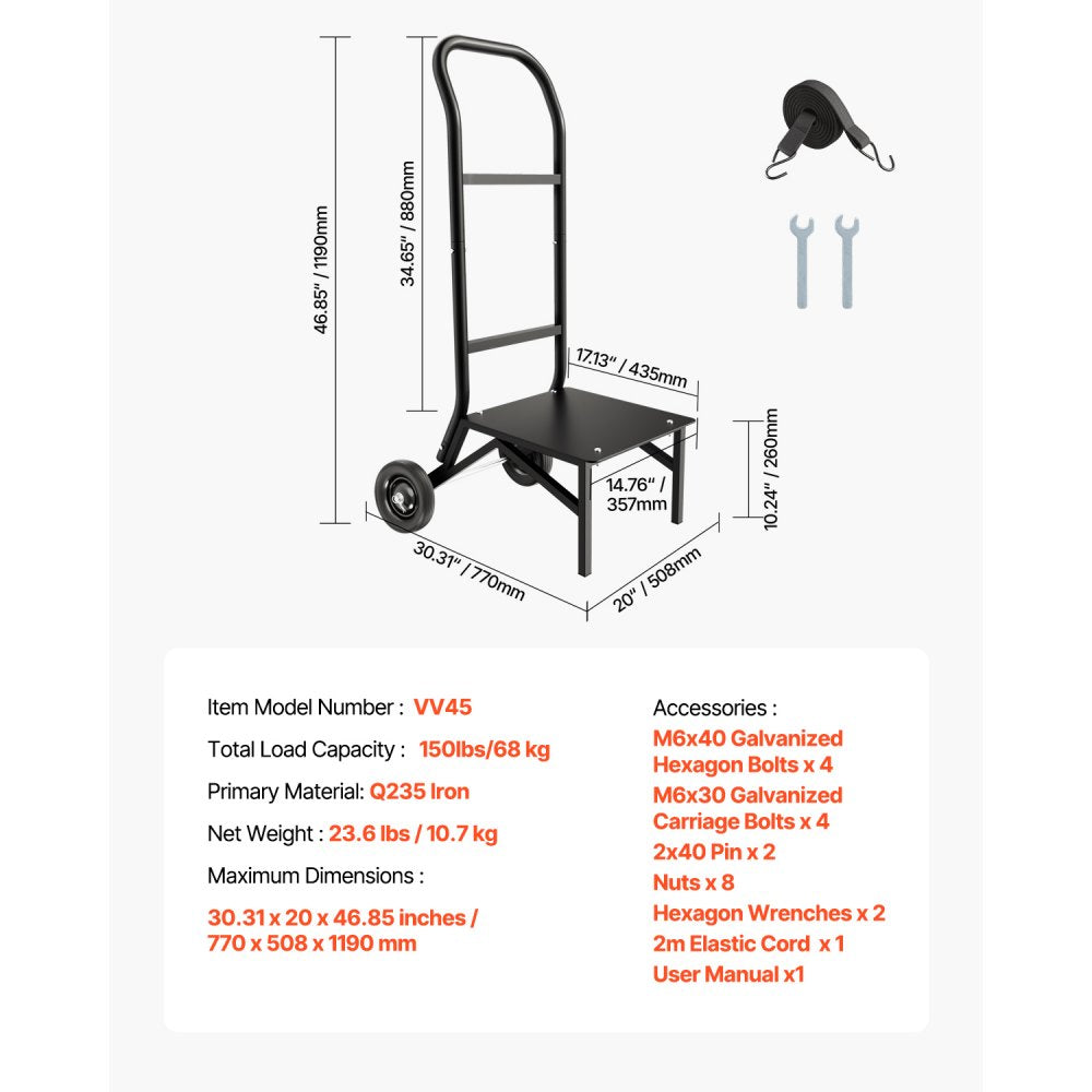 VEVOR Folding Chair Rack, 150 LBS Capacity, Heavy-duty Chair Cart for Stacking 10 Chairs, Multi-Function Metal Chair Storage Dolly with Rubber Wheels, Push-Style Chair Holder, Matte Black