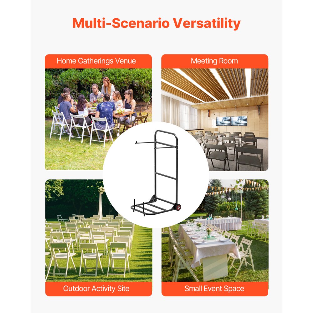 VEVOR Folding Chair Rack, 100 LBS Capacity, Heavy-duty Chair Cart for Hanging 10 Chairs, Multi-Function Metal Chair Storage Dolly with Rubber Wheels, Push-Style Chair Holder, Matte Black