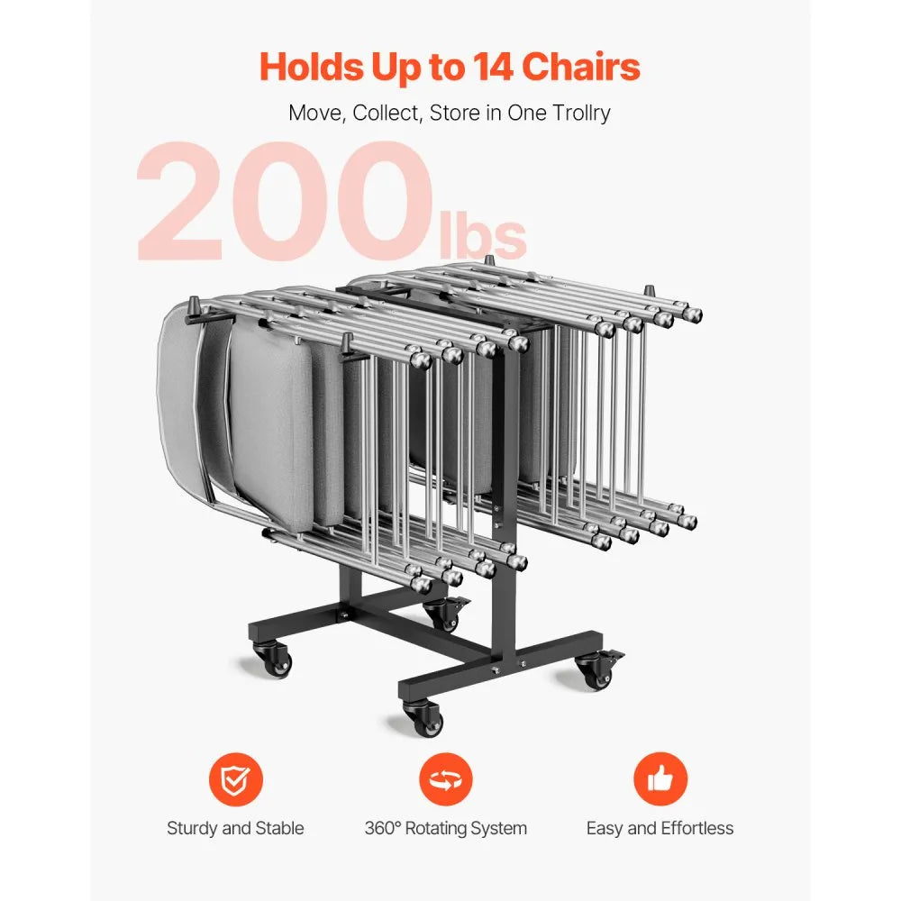VEVOR Folding Chair Rack, 200 LBS Capacity, T-shape Chair Cart for 14 Chairs, Heavy-duty Metal Chair Storage Dolly with Rubber Wheels, Multi-Function Chair Holder for Party Event,Hotel, Matte Black