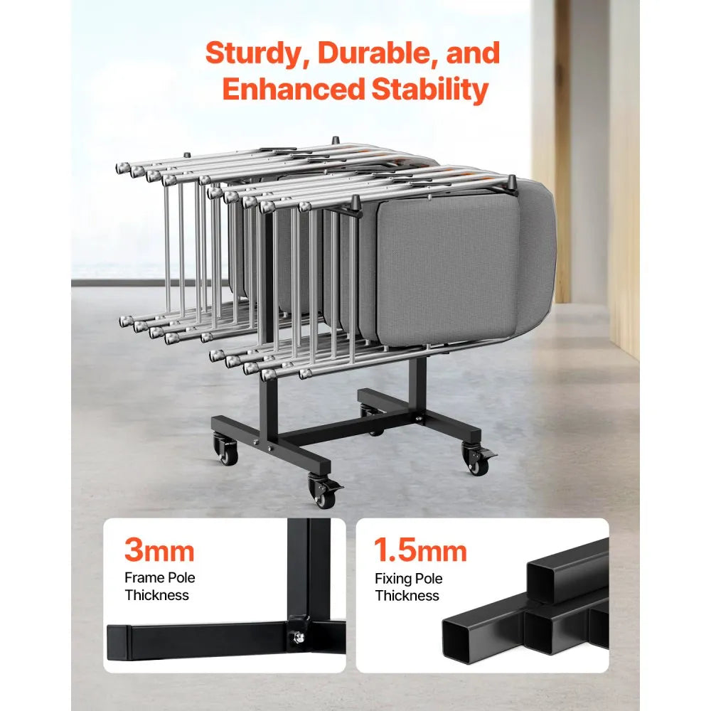VEVOR Folding Chair Rack, 200 LBS Capacity, T-shape Chair Cart for 14 Chairs, Heavy-duty Metal Chair Storage Dolly with Rubber Wheels, Multi-Function Chair Holder for Party Event,Hotel, Matte Black