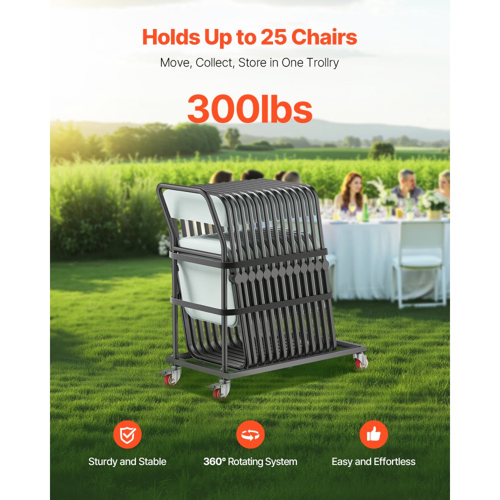 VEVOR Folding Chair Rack, 300 LBS Capacity, L-shape Vertical Placement Chair Cart for 25 Chairs, Heavy-duty Metal Chair Storage Dolly with Rubber Wheels, Multi-Function Chair Holder, Matte Black