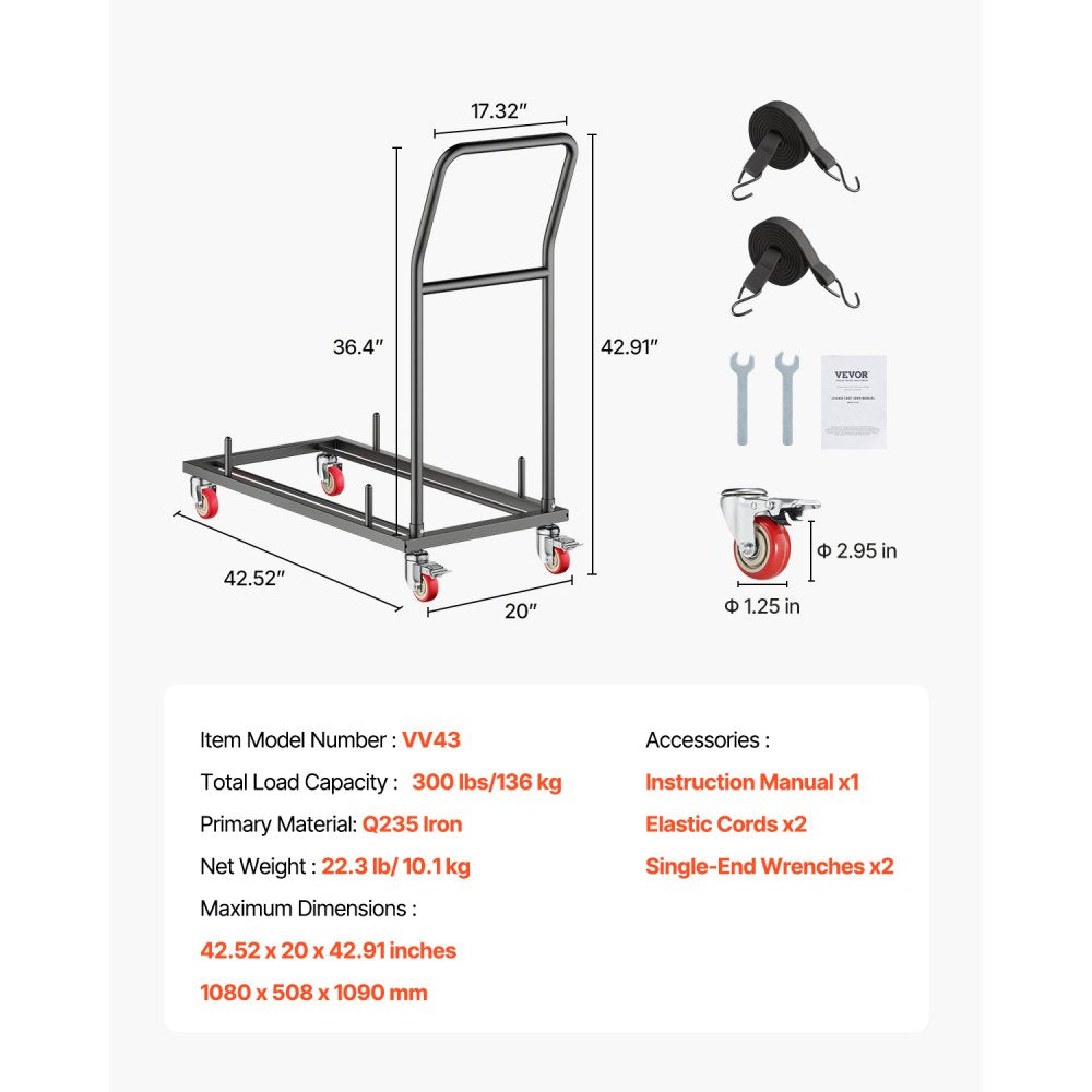 VEVOR Folding Chair Rack, 300 LBS Capacity, L-shape Horizontal Placement Chair Cart for 25 Chairs, Heavy-duty Metal Chair Storage Dolly with Rubber Wheels and Holders, Large Chair Holder, Matte Black