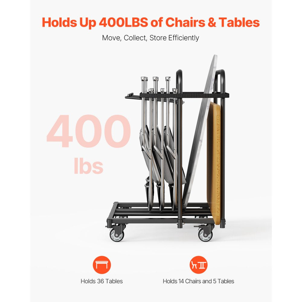 VEVOR Folding Chair Rack, 400 LBS Capacity, Heavy-duty Chair Cart for 5 Tables+14 Chairs, Chair Storage Dolly Chair Holder w/ Swivel Casters and Locking Wheels,for Party Event,Hotel, Matte Black