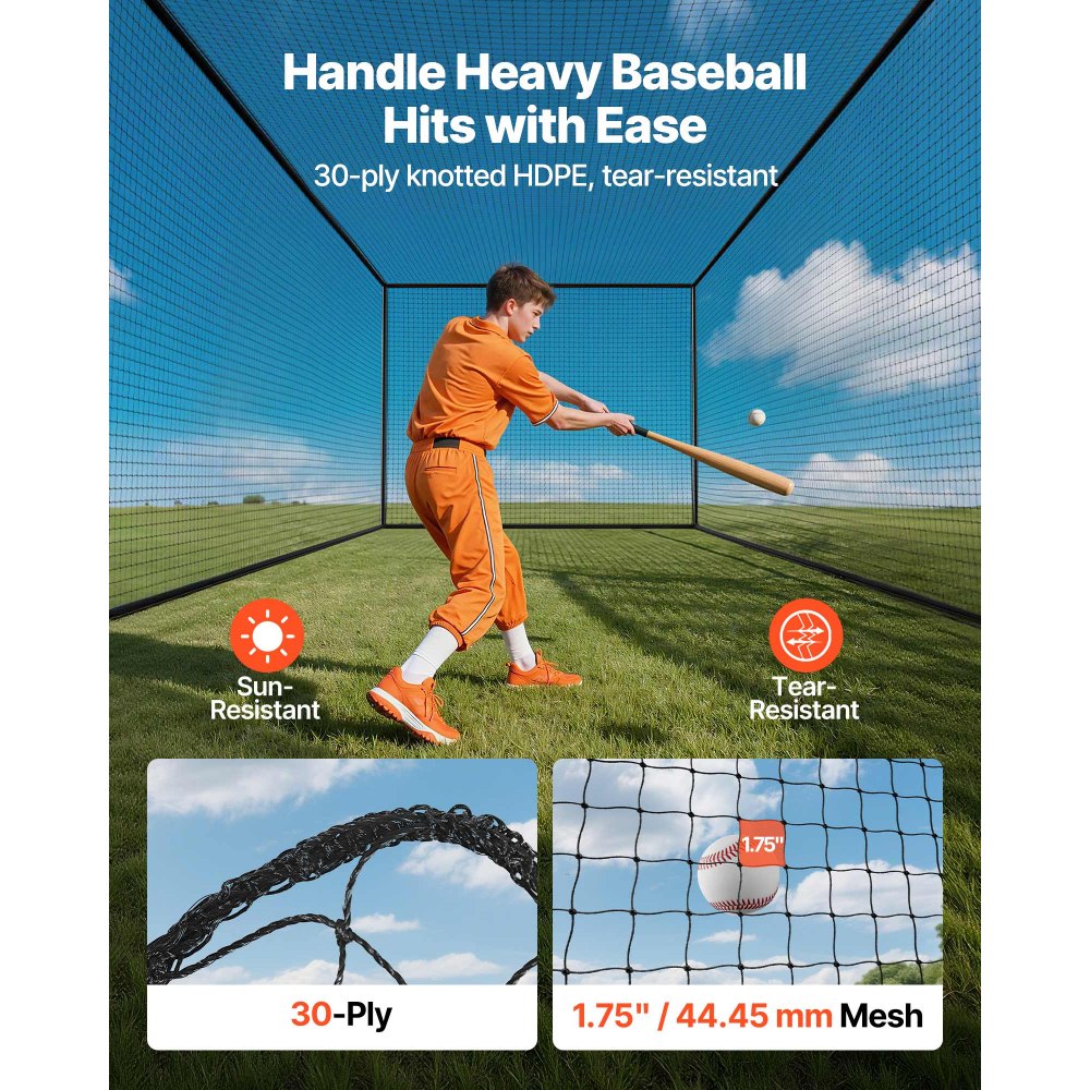 VEVOR Baseball Batting Cage, 41.7 x 12.8 x 10.1 FT Freestanding Portable Batting Cage, Hitting Cages with 30-Ply Knotted HDPE & Carabiner Hooks, Battings Cages Netting for Indoor, Outdoor (NET ONLY)