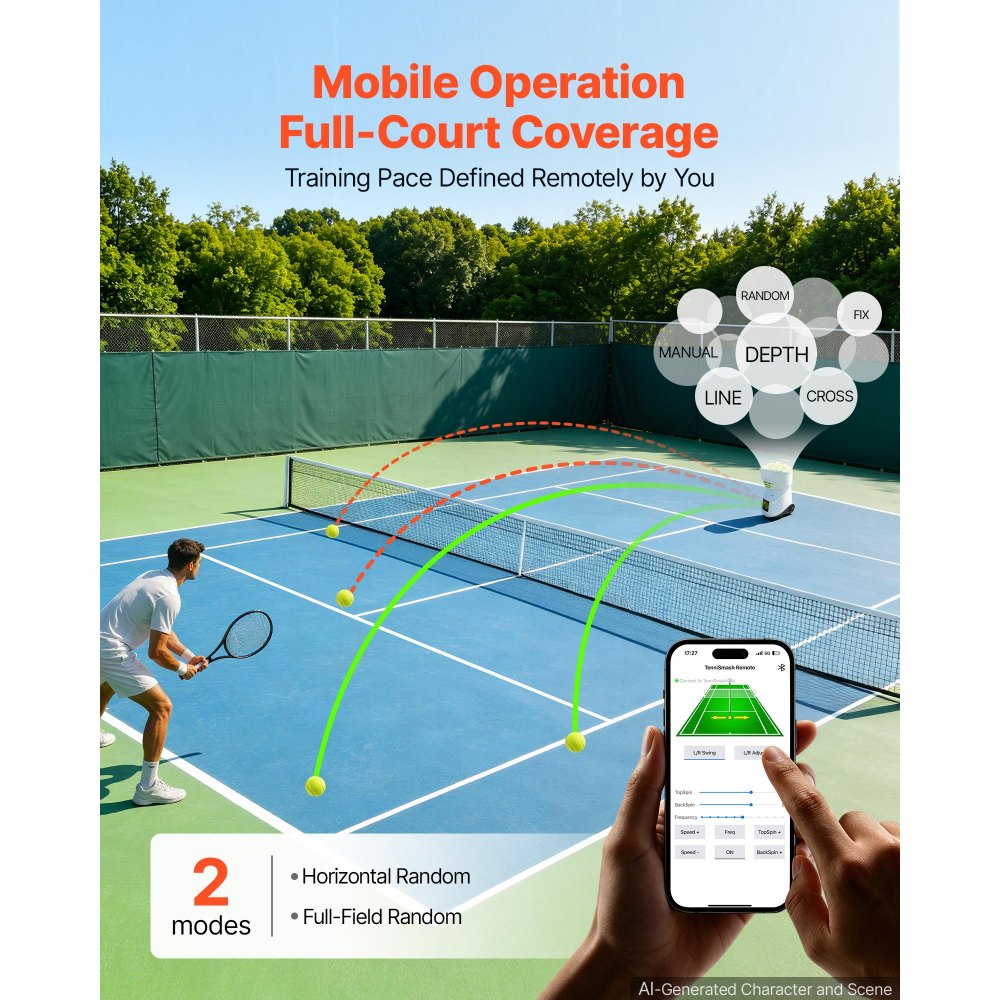 VEVOR Tennis Ball Machine,2H Runtimeand150 Ball Capacity Auto Ball Launcher, for Beginners and Pro Practice Training, with App Remote Control, Spin Control, 2 Training Modes, and Speeds up to 80MPH