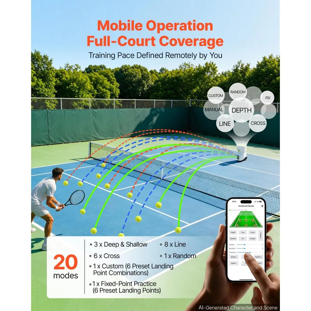 VEVOR Tennis Ball Machine,4H Runtimeand150 Ball Capacity Auto Ball Launcher, for Beginners and Pro Practice Training, with App Remote Control, Spin Control, 20 Training Modes, and Speeds up to 80MPH