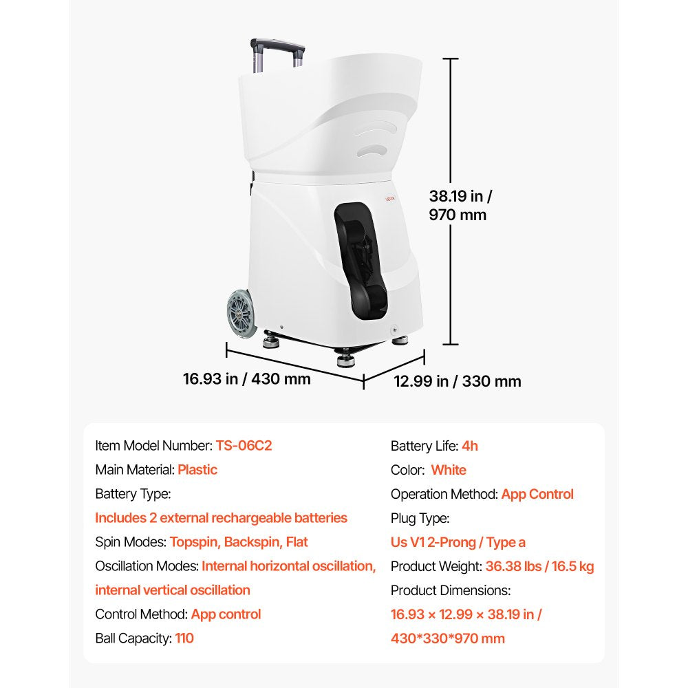 VEVOR Tennis Ball Machine,4H Runtimeand110 Ball Capacity Auto Ball Launcher, for Beginners and Pro Practice Training, with App Remote Control, Spin Control, 2 Training Modes, and Speeds up to 75MPH