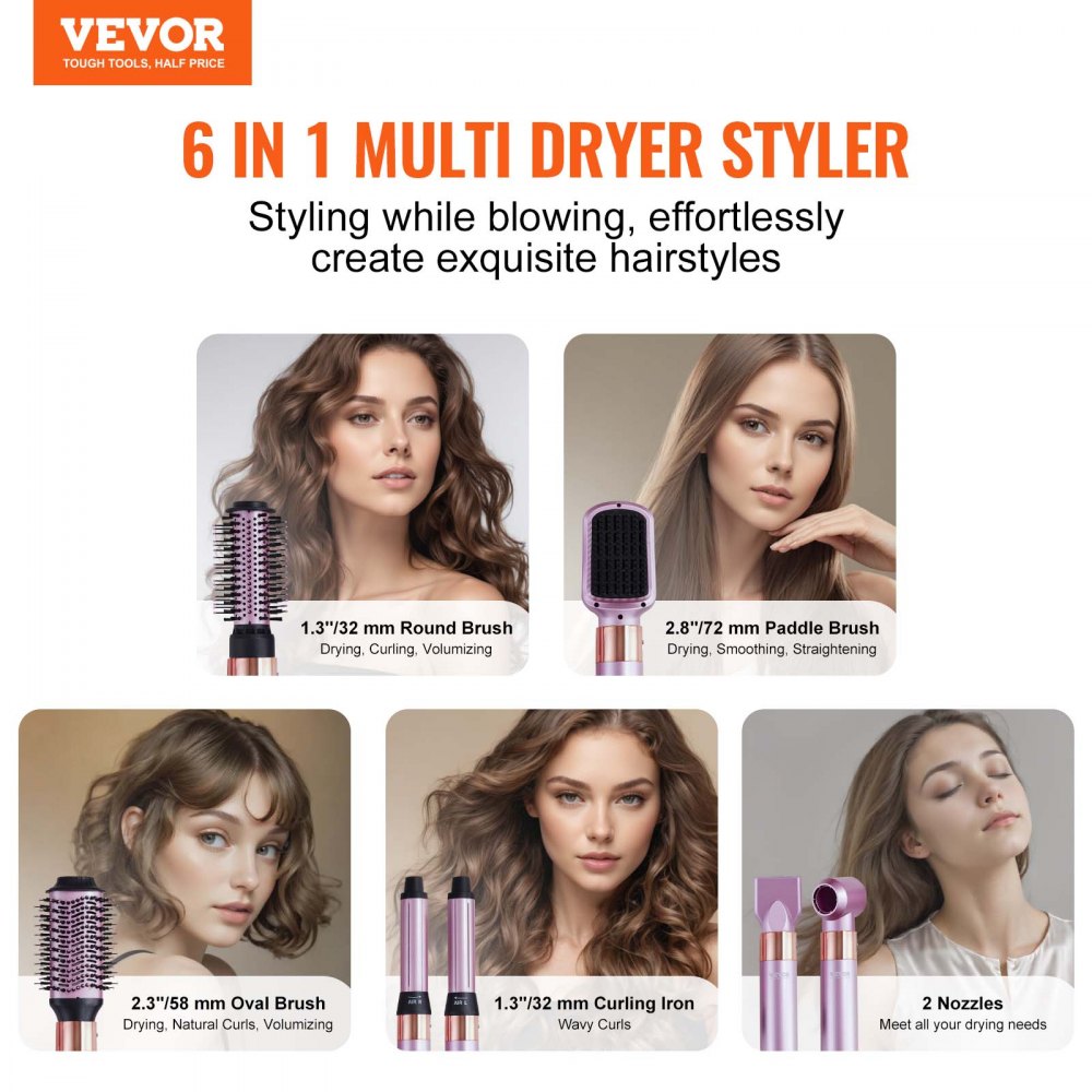 VEVOR Hair Styler and Dryer Brush, 6-in-1 Multi Air Styler, 110,000RPM High-Speed Ionic Blow Dryer Brush with Brushless Motor, 2 Auto-Wrap Curlers, 3 Brush & 2 Nozzles, Styling Tool for All Hair Type