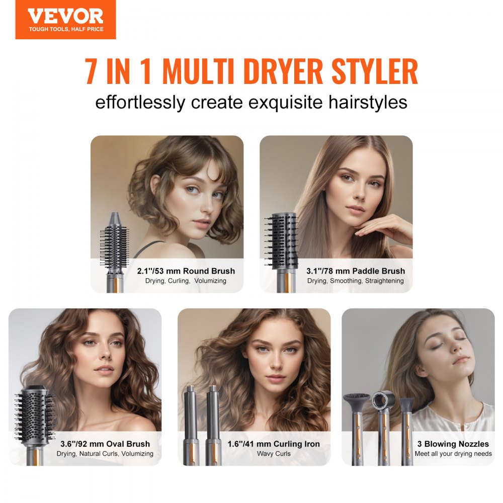 VEVOR Hair Styler and Dryer Brush, 7-in-1 Professional Multi Styler, 110,000RPM High-Speed Hot Air Styler with Brushless Motor, 2 Auto-Wrap Curlers, 3 Brushes & 3 Nozzles, Ionic Blow Dryer for Styling