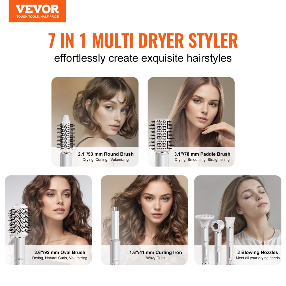 VEVOR Hair Styler Dryer Brush, 7-in-1 Professional Multi Styler, 110,000RPM High-Speed Hot Air Styler with Brushless Motor, 2 Auto-Wrap Curler, 3 Brushes & 3 Nozzle, 90° Folding Design for Fast Drying