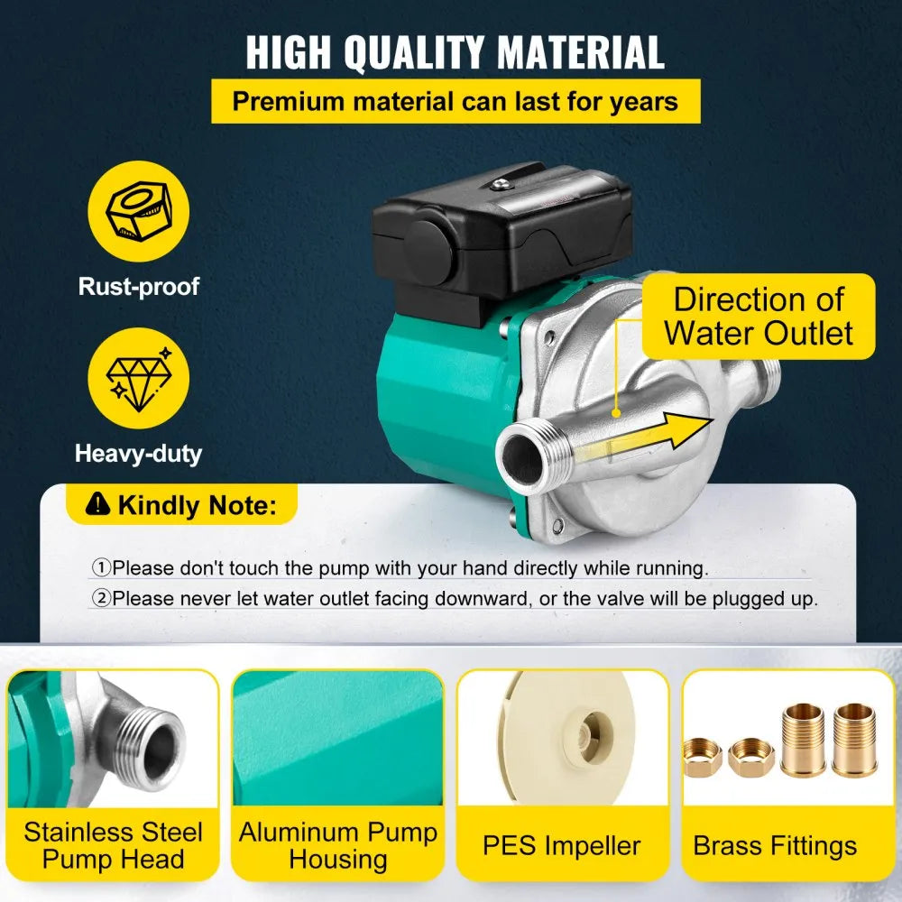 VEVOR Hot Water Recirculating Pump, 93W, 110V Water Circulator Pump, Circulation Pump, 3/4″ G Thread to 1/2″ NPT Brass Adapter, Stainless Steel Head, 3 Speed Control for Electric Water Heater System