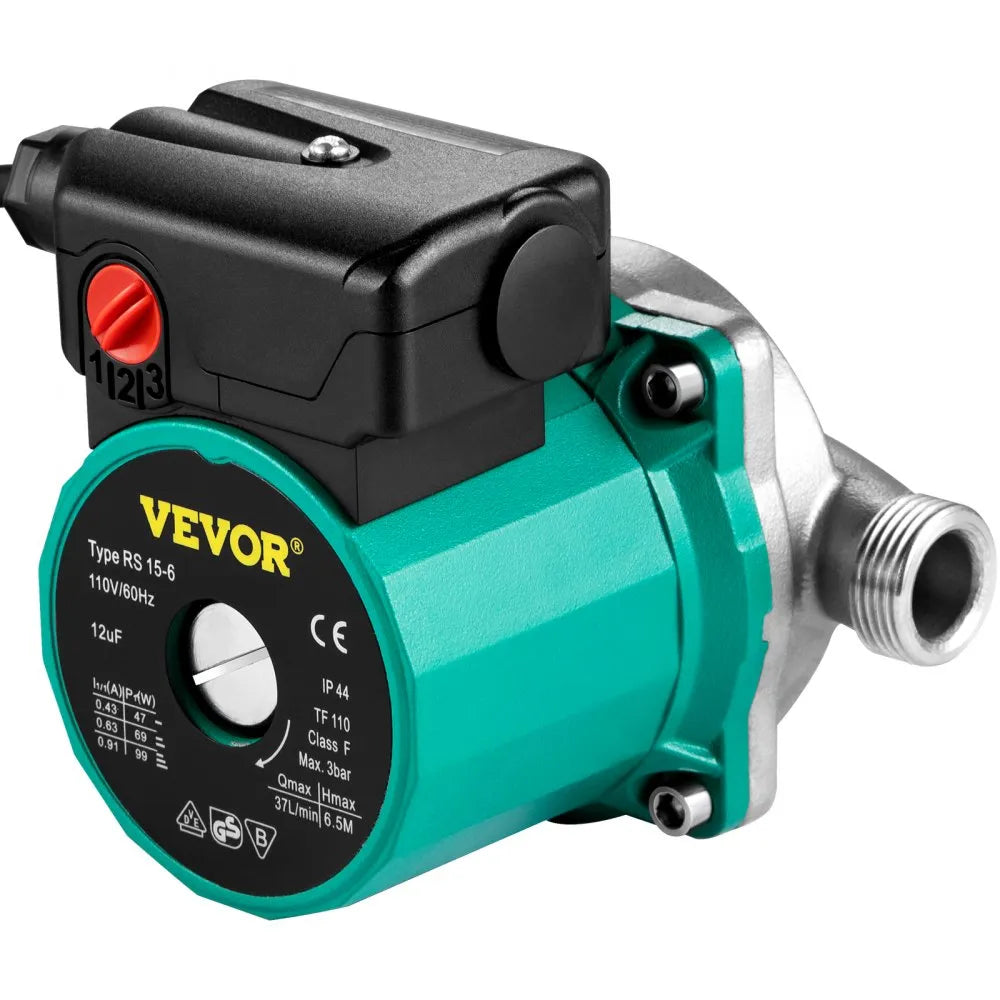 VEVOR Hot Water Recirculating Pump, 93W, 110V Water Circulator Pump, Circulation Pump, 3/4″ G Thread to 1/2″ NPT Brass Adapter, Stainless Steel Head, 3 Speed Control for Electric Water Heater System