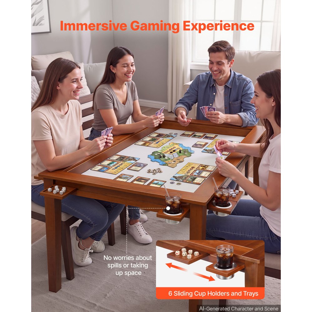 VEVOR Board Game Table 2-in-1 Gaming and Dining Table 63 x 39.4 x 30 in, Roomy for 6 Players, with Removable Tabletop, Leather Gaming Mat, 6 Cup Holders & Sliding Trays, 440LBS Solid Wood Support