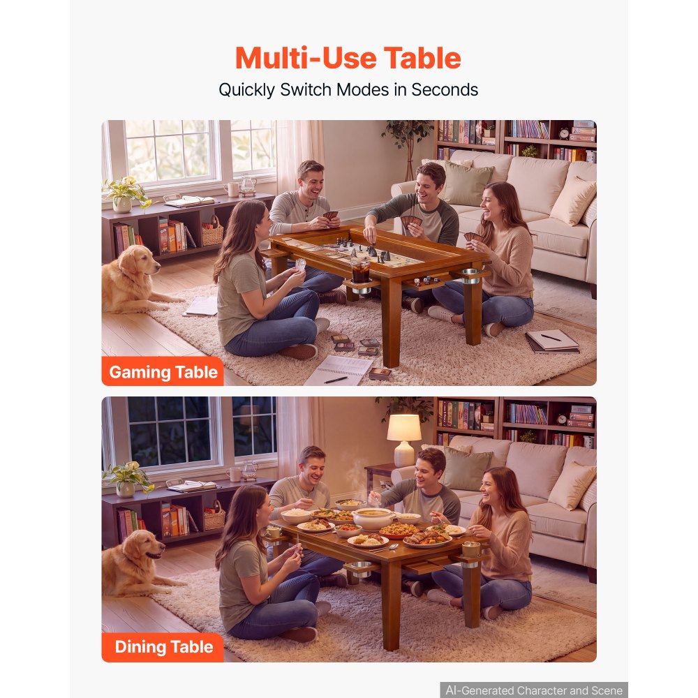 VEVOR Board Game Table 2-in-1 Gaming and Dining Table 47.2 x 23.6 x 17.7 in, Roomy for 4 Players, with Removable Tabletop, Leather Gaming Mat, 4 Cup Holders & Sliding Trays, 300LBS Solid Wood Support
