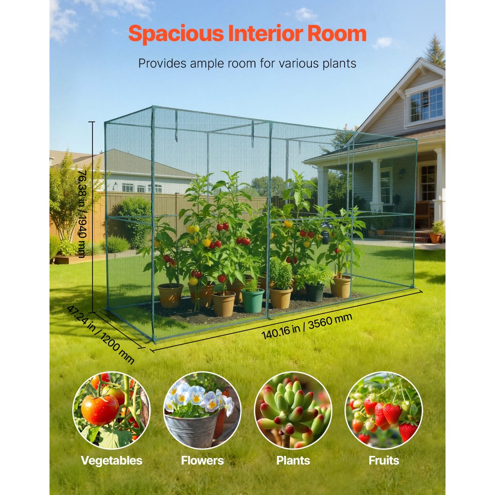 VEVOR Crop Cage, 11.6 x 3.9 x 6.3 ft Plant Protection Tent with Zippered Door, Wind-Resistant Tall Crop Cage, Easy to Install, Outdoor Raised Bed Cover, Tomato Plant Netting for Garden Patio Lawn