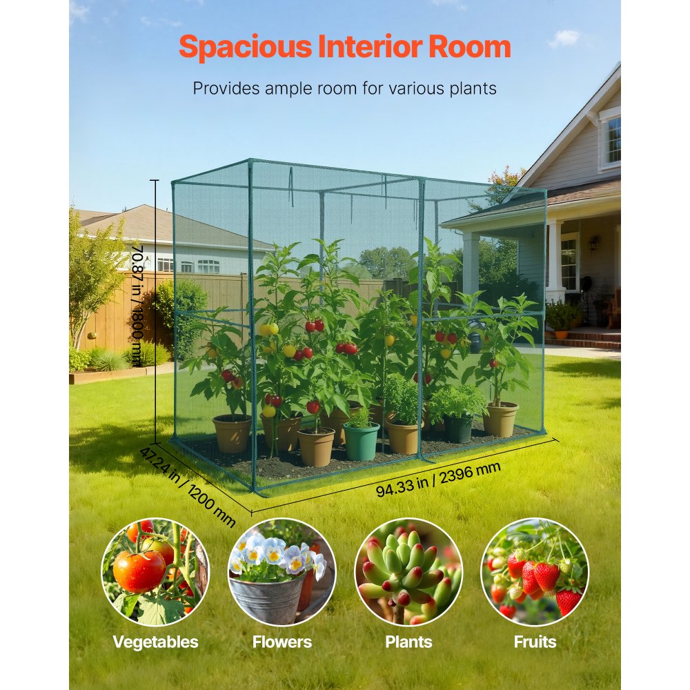 VEVOR Crop Cage, 7.8 x 3.9 x 5.9 ft Plant Protection Tent with Zippered Door, Wind-Resistant Tall Crop Cage, Easy to Install, Outdoor Raised Bed Cover, Tomato Plant Netting for Garden Patio Lawn