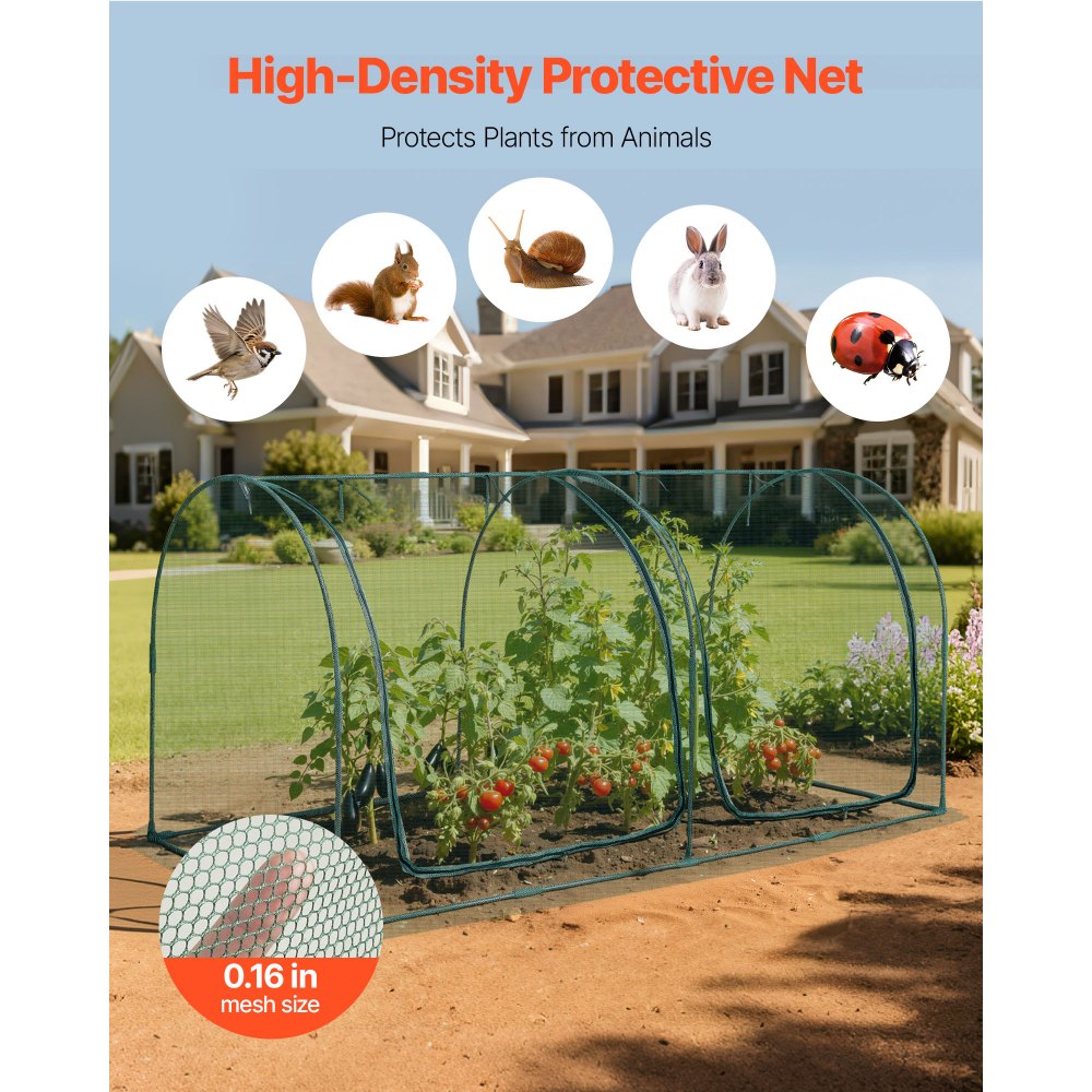 VEVOR Crop Cage, 8.1 x 3.9 x 3.9 ft Plant Protection Tent with Zippered Door, Wind-Resistant Tall Crop Cage, Easy to Install, Outdoor Raised Bed Cover with Frame, Plant Netting for Garden Patio Lawn