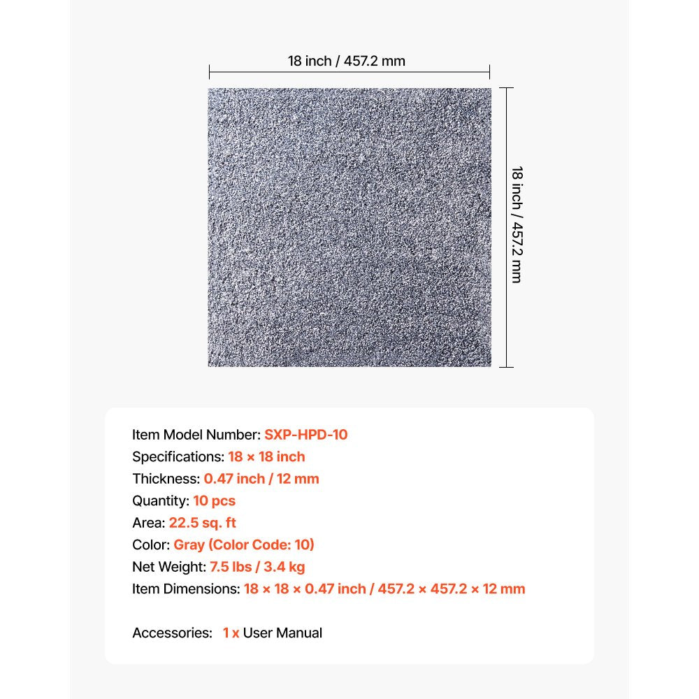 VEVOR Carpet Tiles 18x18 inch, 10 Pack Carpet Square Rug Detachable & Damage-free, Self Adhesive Home Floor Soft Plush Padded for 22.5sq.ft Coverage, Easy DIY for Living Room & Bedroom, Gray