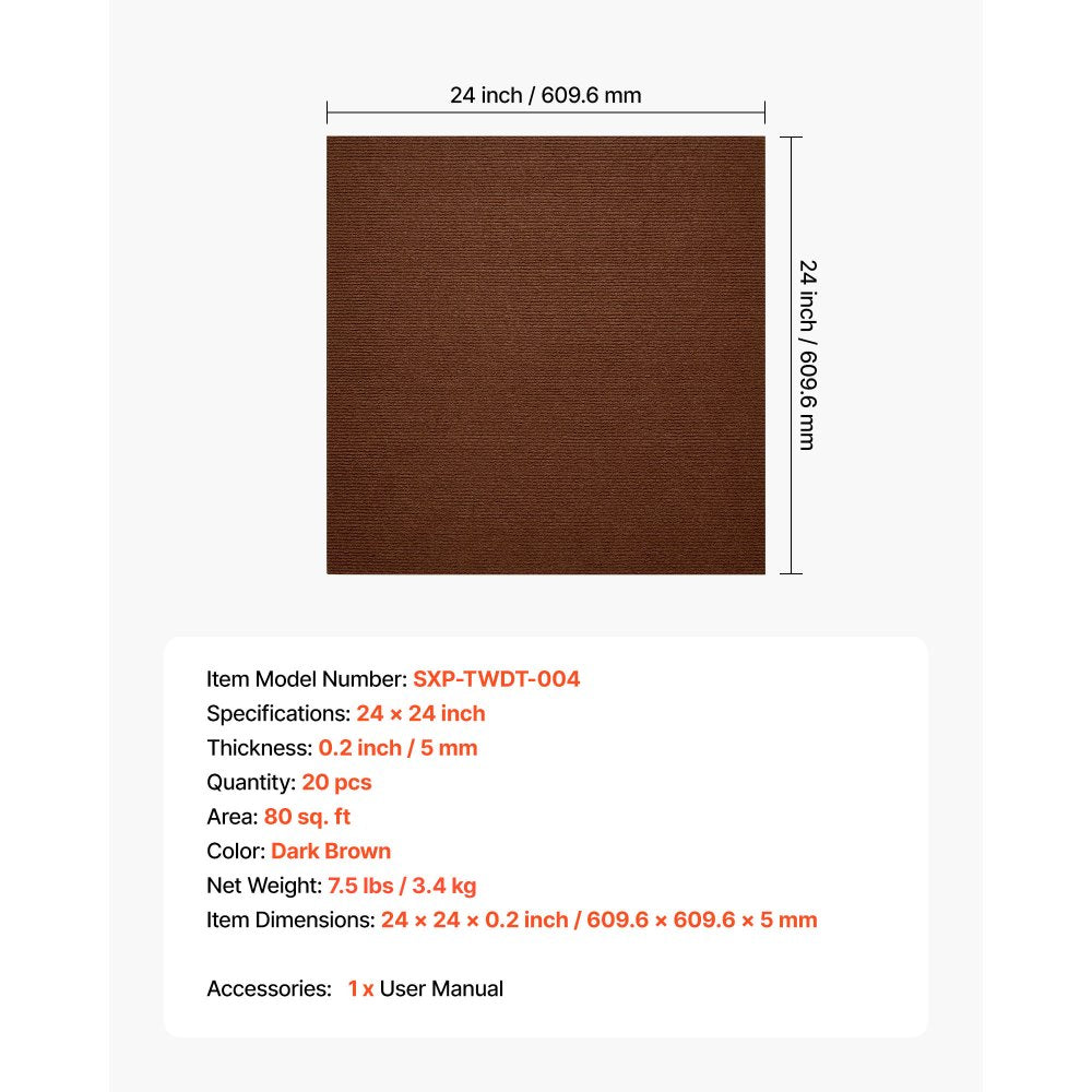 VEVOR Carpet Tiles 24x24 inch, 20 Pack Peel and Stick Carpet Square Rug, Self Adhesive Commercial Floor Soft Padded for Seamless Cover 80sq.ft², Easy DIY Replacement for Living Room Office,Dark Brown