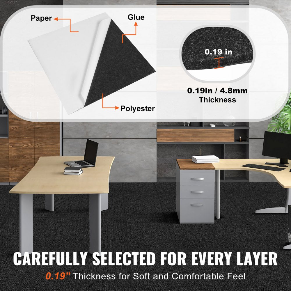 VEVOR Carpet Tiles Peel and Stick, 24” x 24” Squares Self Adhesive Carpet Floor Tile, Soft Padded Carpet Tiles, Easy Install DIY for Bedroom Living Room Indoor Outdoor (15Tiles, Carbon Black)