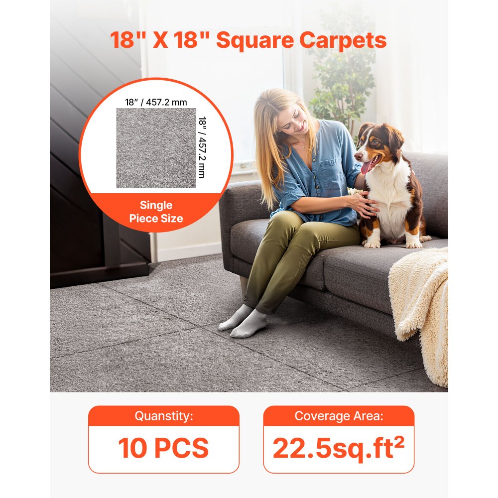VEVOR Carpet Tiles 18x18 inch, 10 Pack Carpet Square Rug Detachable & Damage-free, Self Adhesive Home Floor Soft Plush Padded for 22.5sq.ft Coverage, Easy DIY for Living Room & Bedroom, Dark Brown