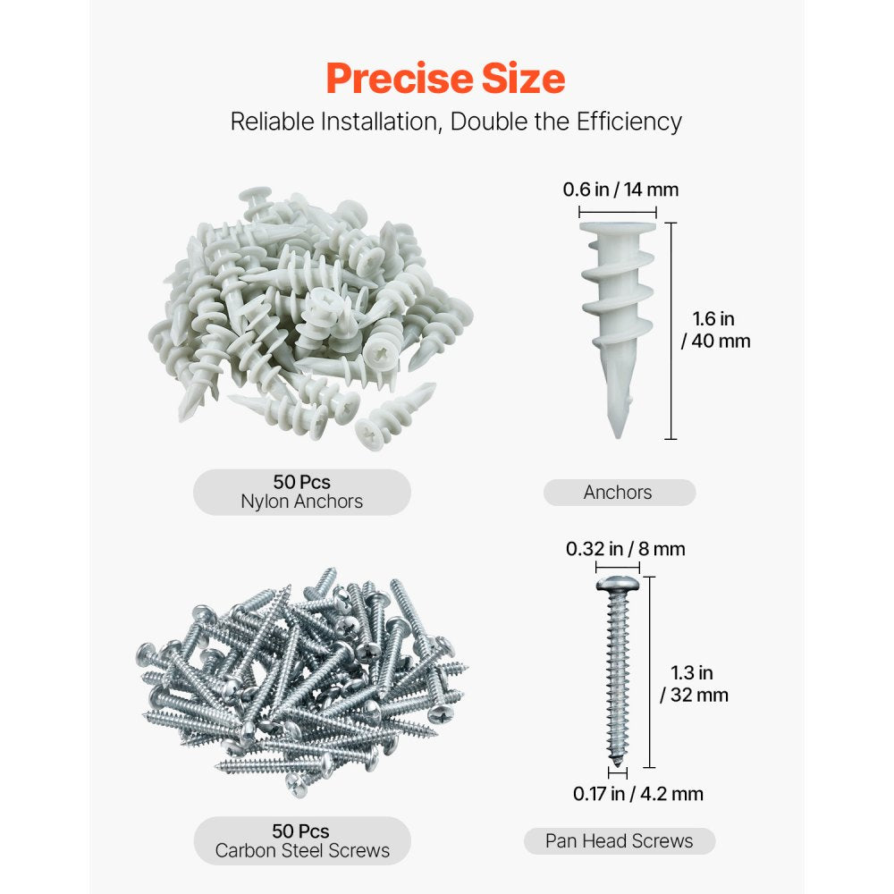 VEVOR Self Drilling Drywall Anchors, 100 PCS Dry Wall Anchors and Screws, Drywall Anchors Kit with Screws, No Drill Hole Required Nylon Plastic Wall Anchors and Heavy Duty Metal Screws, for Drywall