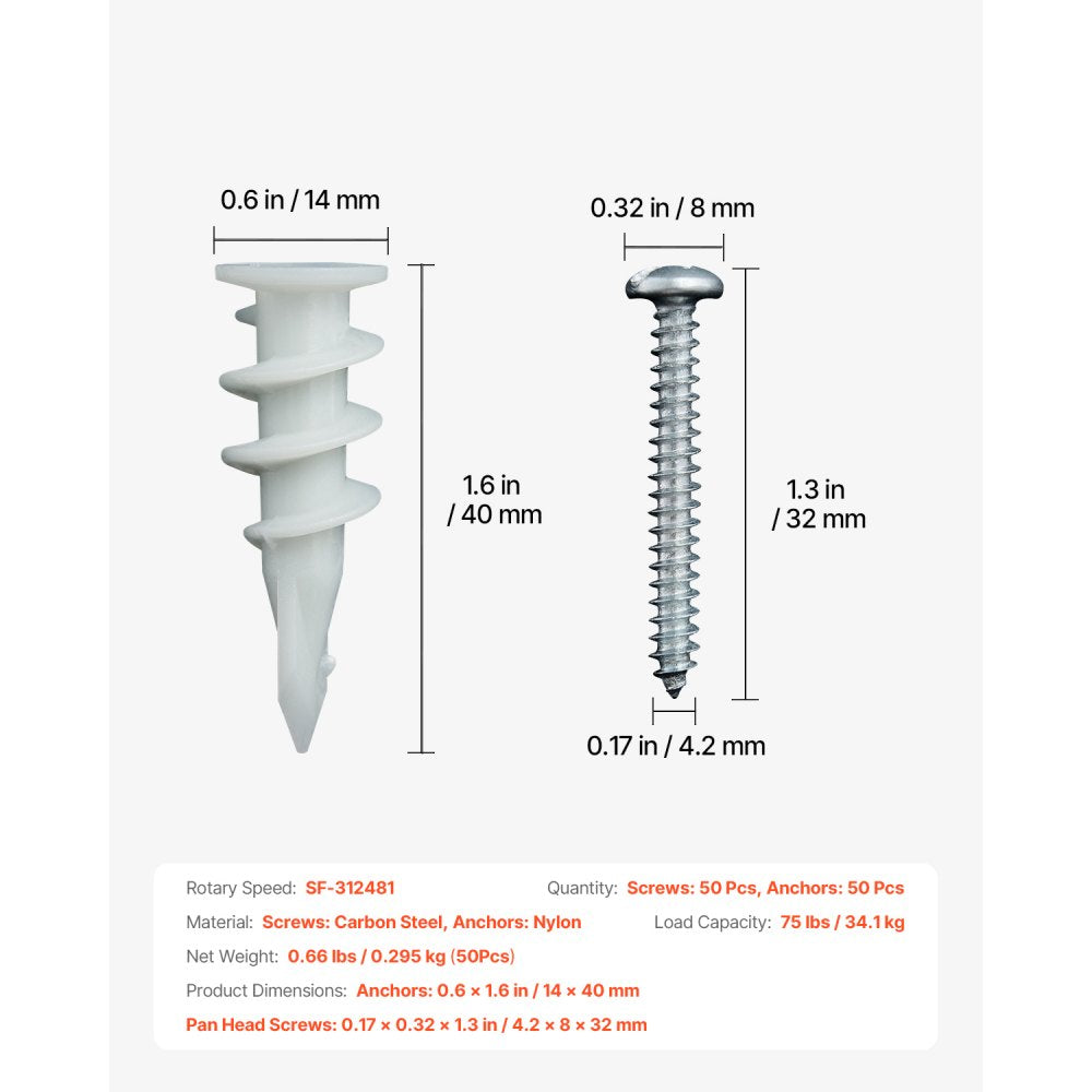 VEVOR Self Drilling Drywall Anchors, 100 PCS Dry Wall Anchors and Screws, Drywall Anchors Kit with Screws, No Drill Hole Required Nylon Plastic Wall Anchors and Heavy Duty Metal Screws, for Drywall