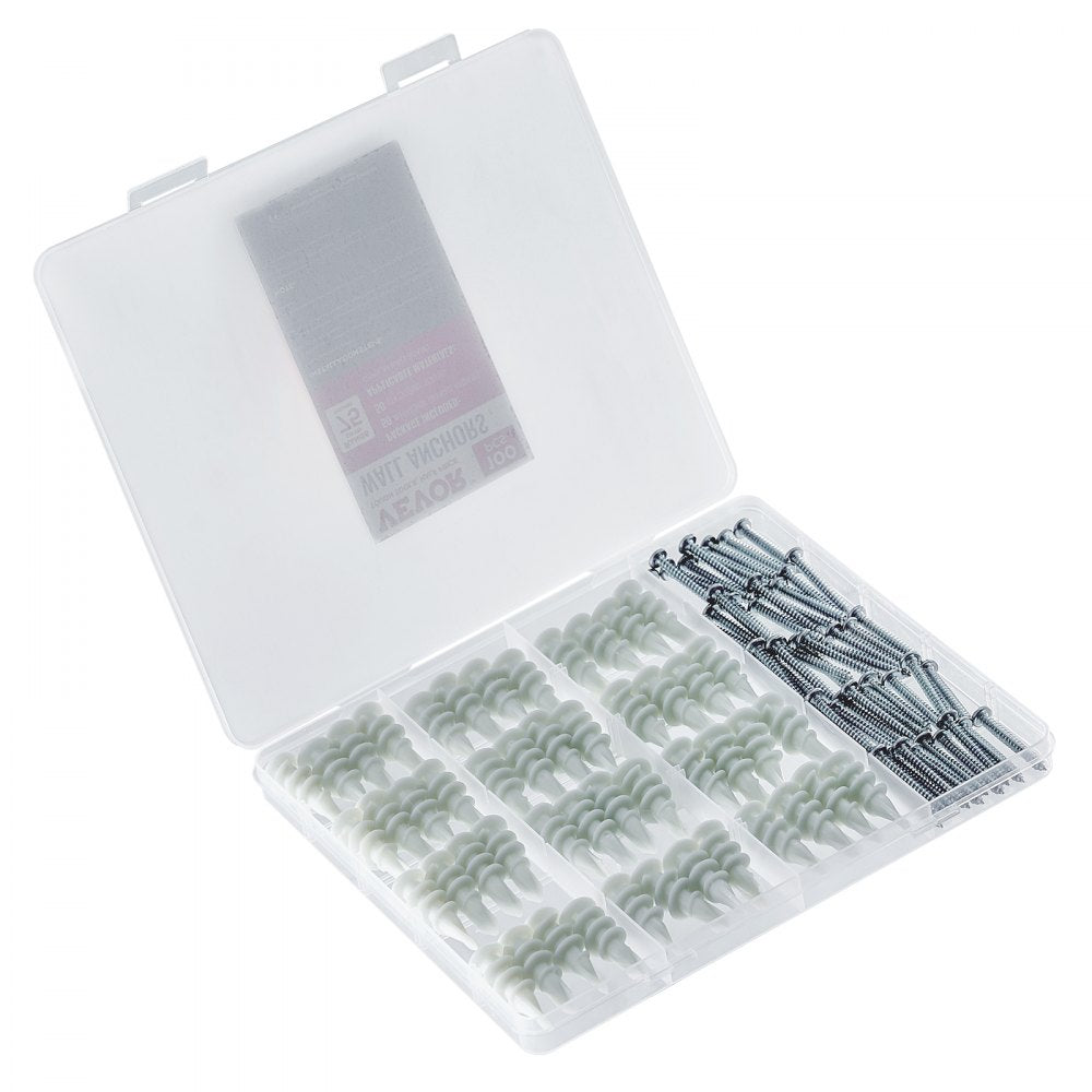 VEVOR Self Drilling Drywall Anchors, 100 PCS Dry Wall Anchors and Screws, Drywall Anchors Kit with Screws, No Drill Hole Required Nylon Plastic Wall Anchors and Heavy Duty Metal Screws, for Drywall