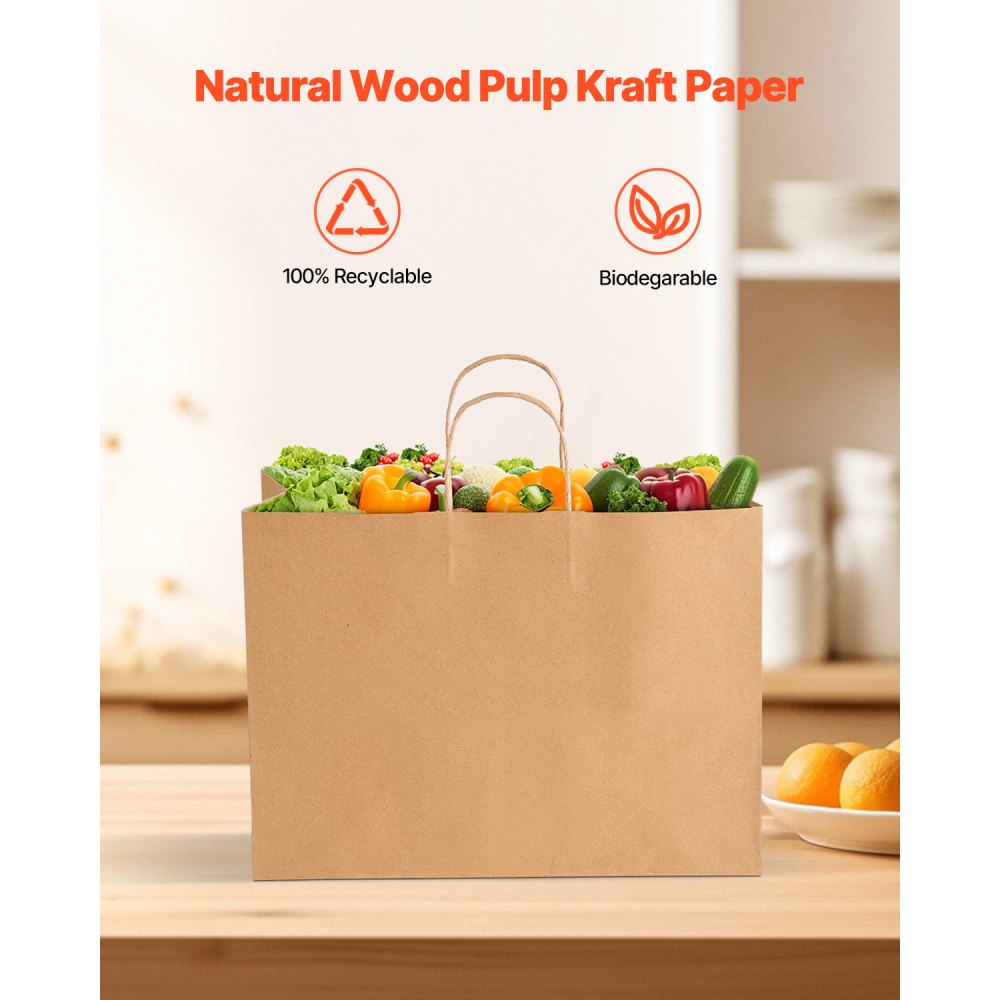 VEVOR Kraft Paper Bags with Handles, 100Pcs 16 x 6 x 12 in, Large Paper Grocery Bags, Reusable & Recycled Take-Out Sacks, Plain Party Bag Bulk for Birthday, Wedding, Business, Goody, Brown