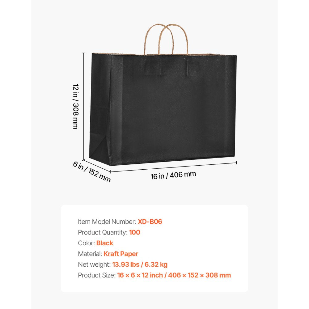 VEVOR Kraft Paper Bags with Handles, 100Pcs 16 x 6 x 12 in, Large Paper Grocery Bags, Reusable & 100% Recycled Take-Out Sacks, Plain Party Bag Bulk for Birthday, Wedding, Business, Goody, Black