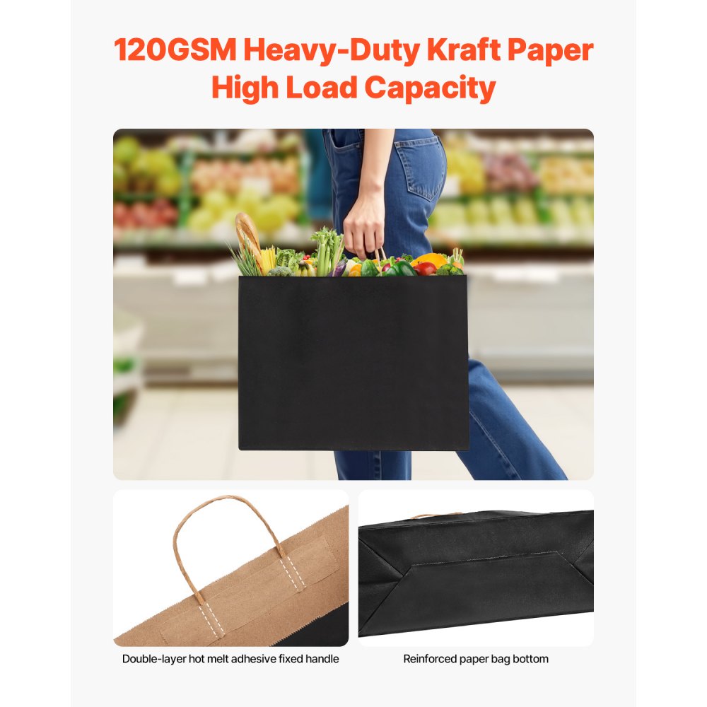 VEVOR Kraft Paper Bags with Handles, 50Pcs 16 x 6 x 12 in, Large Paper Grocery Bags, Reusable & Recycled Take-Out Sacks, Plain Party Bag Bulk for Birthday, Wedding, Business, Goody, Black