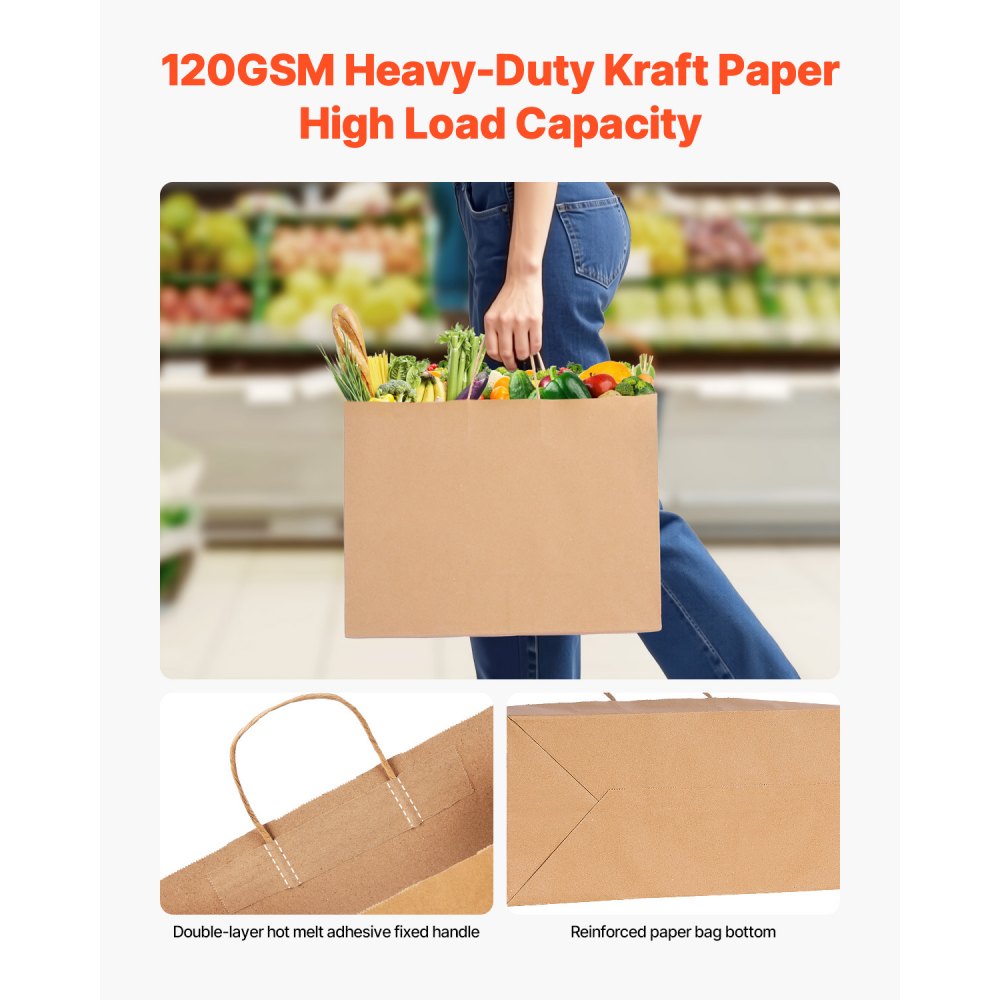 VEVOR Kraft Paper Bags with Handles, 50Pcs 16 x 6 x 12 in, Large Paper Grocery Bags, Reusable & Recycled Brown Take-Out Sacks, Plain Party Bag Bulk for Birthday, Wedding, Business, Goody, Craft