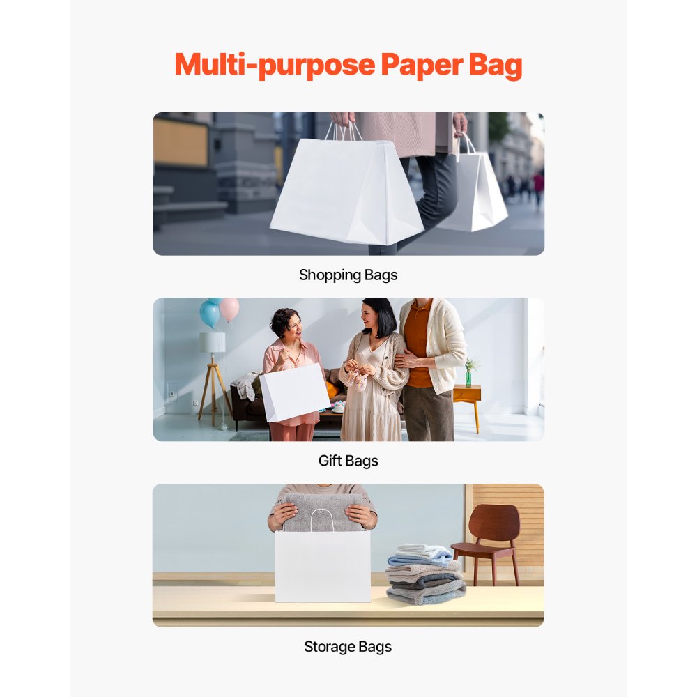 VEVOR Kraft Paper Bags with Handles, 50Pcs 16 x 6 x 12 in, Large Paper Grocery Bags, Reusable & Recycled Take-Out Sacks, Plain Party Bag Bulk for Birthday, Wedding, Business, Goody, White