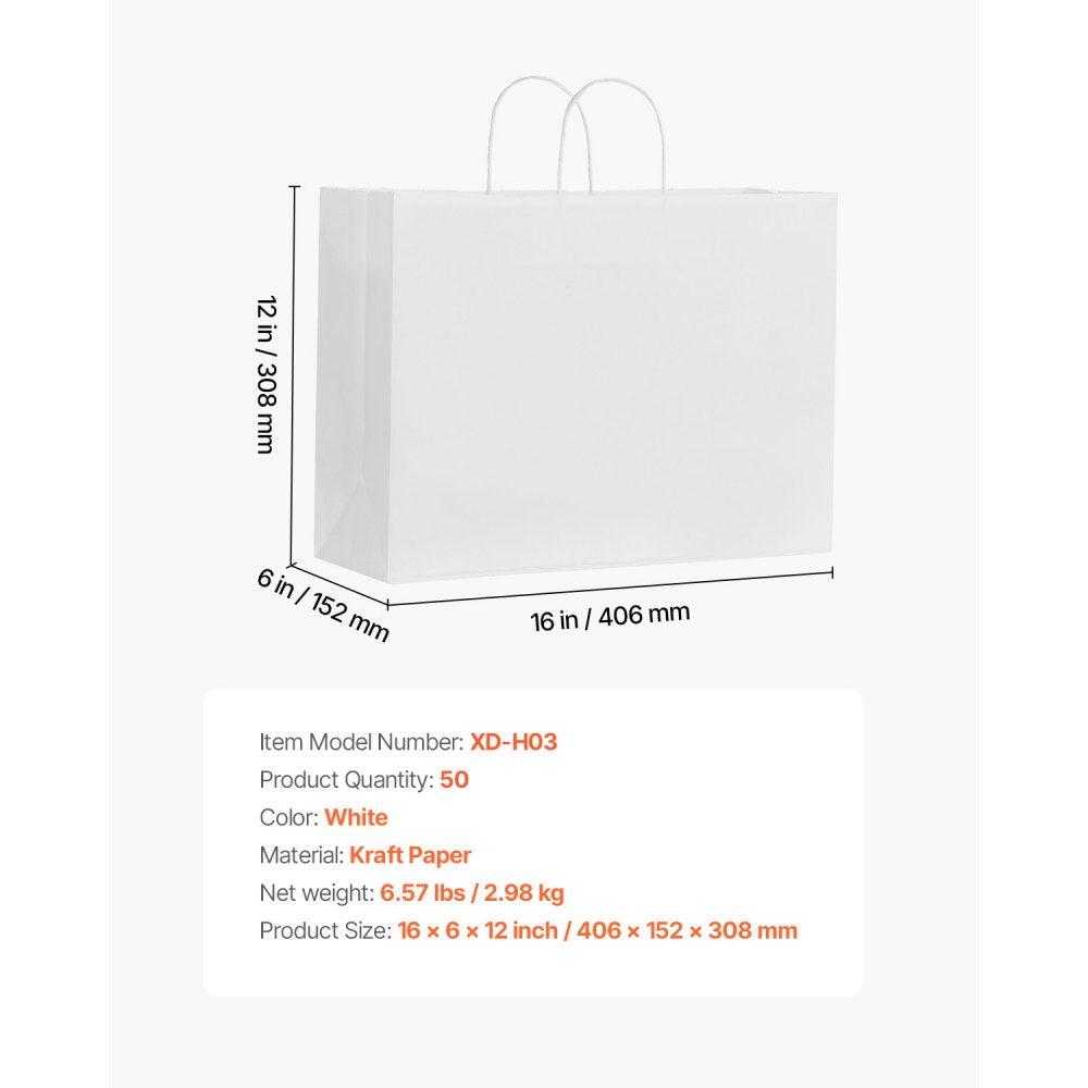VEVOR Kraft Paper Bags with Handles, 50Pcs 16 x 6 x 12 in, Large Paper Grocery Bags, Reusable & Recycled Take-Out Sacks, Plain Party Bag Bulk for Birthday, Wedding, Business, Goody, White