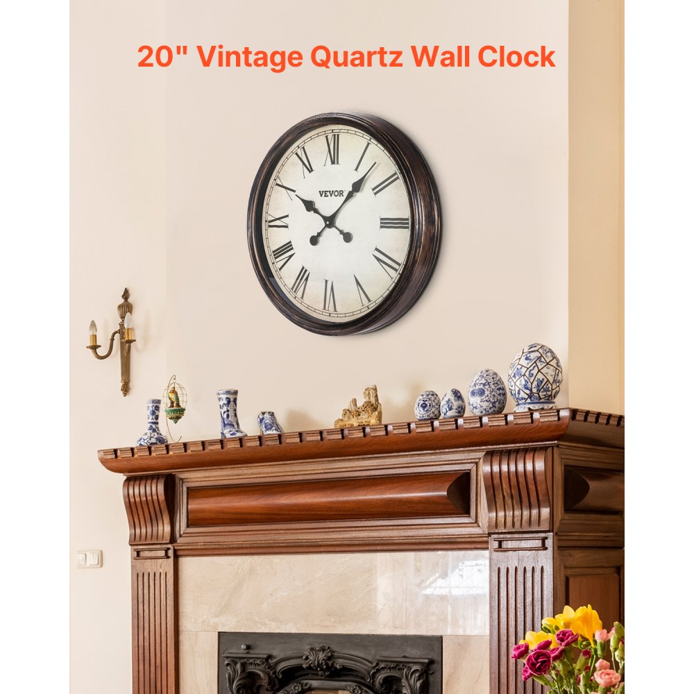 VEVOR Wall Clock, 20 in Wall Clock Roman Numerals, Battery Operated Non Ticking Silent Classic Decorative Round Clocks, for Living Room Bedroom Office Kitchen Dining Room Home Decor Farmhouse, Brown
