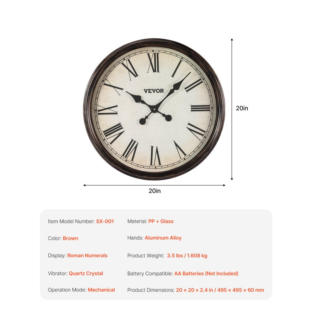 VEVOR Wall Clock, 20 in Wall Clock Roman Numerals, Battery Operated Non Ticking Silent Classic Decorative Round Clocks, for Living Room Bedroom Office Kitchen Dining Room Home Decor Farmhouse, Brown
