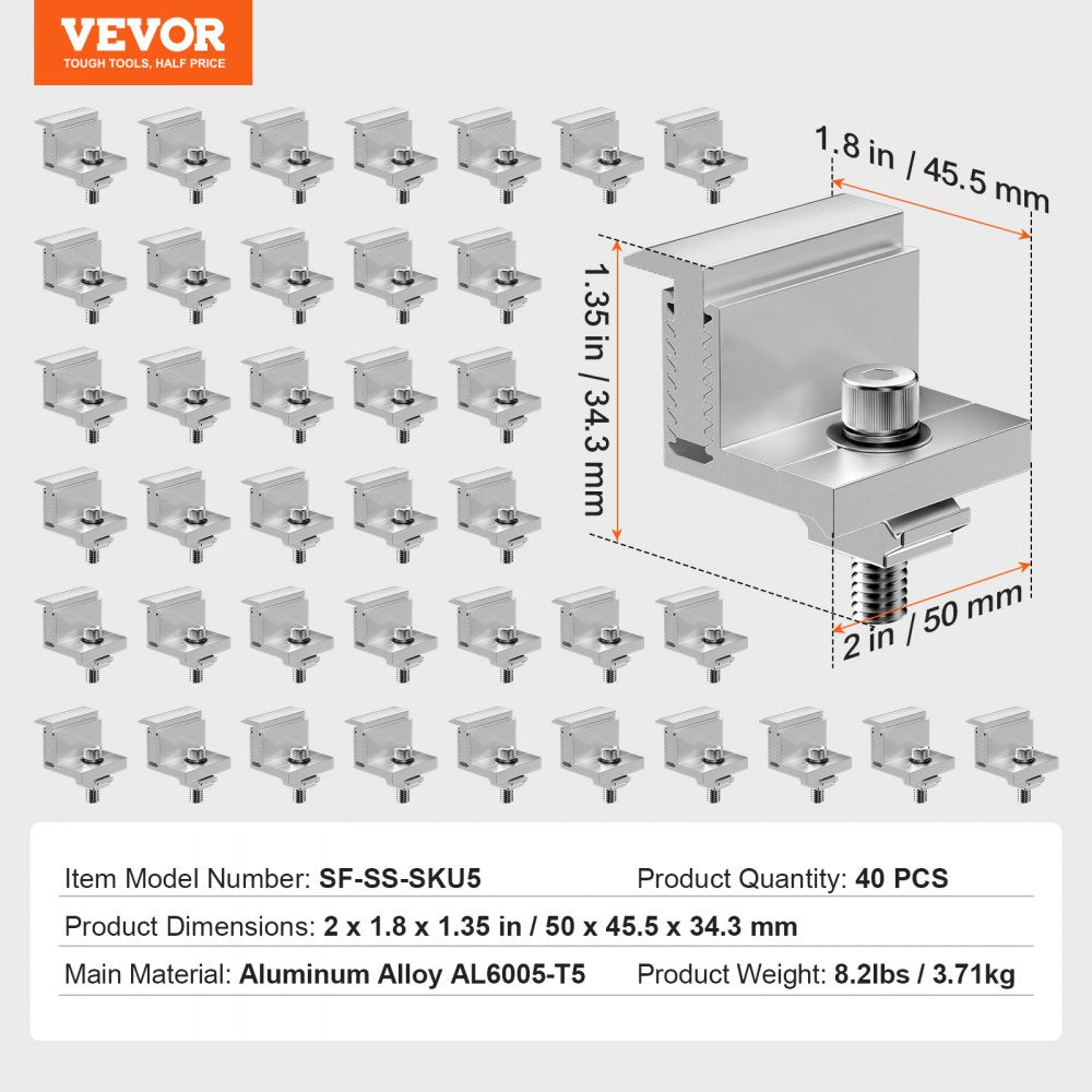 VEVOR Solar Panel Z Mounting Brackets, 35-50mm Adjustable Solar Panel End Clamps, Lightweight Anodized Aluminum Solar Panel Mount Z Brackets for RVs, Campers, Boats, Walls, Roof (40 PCS)