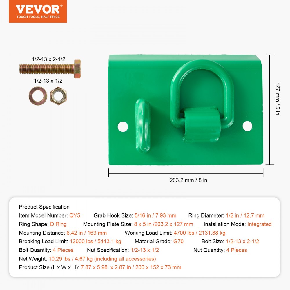 VEVOR 5/16" Tractor Bucket Hook with Tie Down Ring, Grade 70 Forged Steel 2 Pack Bolt-On Grab Hook with Back Plate Compatible for Tractor Bucket RV UTV Truck, Maximum Break Strength 12,000 lbs, Green